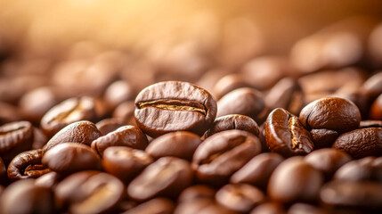 Solitary roasted coffee bean illuminated by a warm light amidst a crowd of other beans