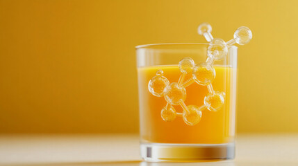 Orange juice in a glass with a molecular model depicting the nutrients it contains