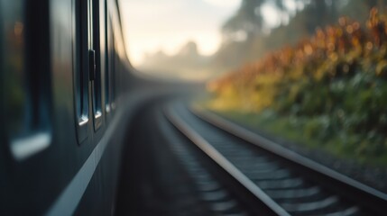Fototapeta premium A train is captured moving along curved tracks surrounded by lush greenery, suggesting a scenic route through the countryside during a calm and peaceful day.