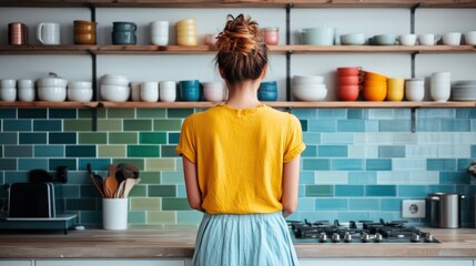 A vibrant and bustling kitchen featuring a woman facing away, deeply immersed in cooking. The brightly colored backdrop with utensils showcases a modern and lively atmosphere.