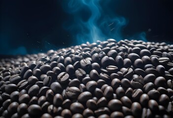 Fototapeta premium Close-up of scattered coffee beans column falling onto a perfectly arranged bed of roasted coffee beans, revealing textures and shapes