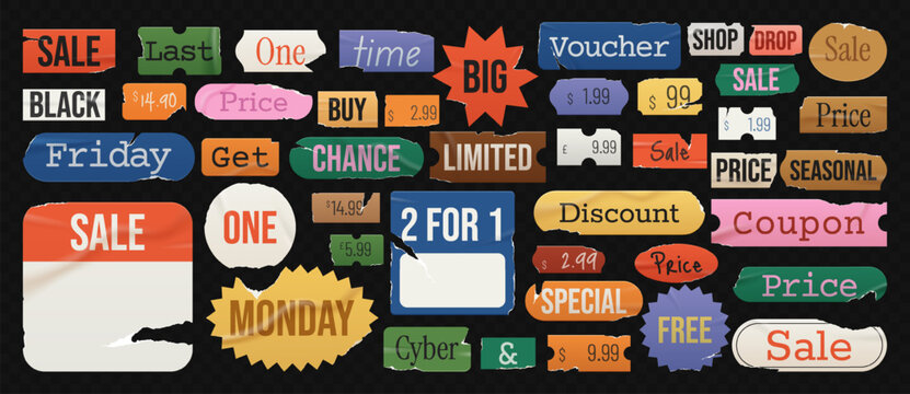 Retro collage price tags, sale or discount stickers, old cutout words. Vintage various scrapbook promotional elements with a paper edge ripped in a pop art style with a wrinkled and distressed effect.