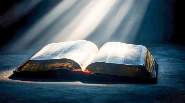 Holy bible resting on a wooden table, illuminated by heavenly light, exudes spirituality, wisdom, hope, and inspiration. The backdrop is a mysterious void for reflection