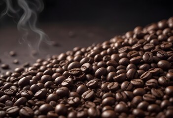 Close-up of scattered coffee beans column falling onto a perfectly arranged bed of roasted coffee beans, revealing textures and shapes