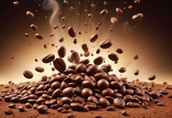 Obraz premium Close-up of scattered coffee beans column falling onto a perfectly arranged bed of roasted coffee beans, revealing textures and shapes