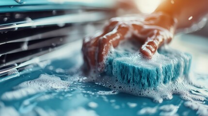 An image showing a close-up of a hand scrubbing a car, enveloped in blue soap bubbles. The focus is on the cleanliness, dedications, and tactile engagement of car maintenance.