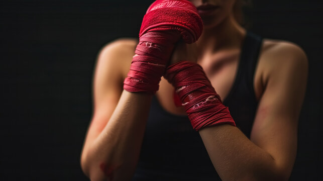 Female mixed martial arts athlete wrapping her hands with red boxing wraps.