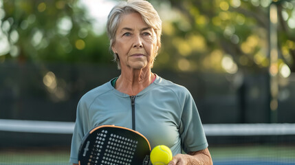 Female pickleball player holding a pickleball racket and perforated plastic ball on a court.