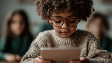 A young boy wearing glasses is deeply engrossed in using a tablet for learning in a classroom setting, symbolizing focus, education, and the role of technology in modern learning.