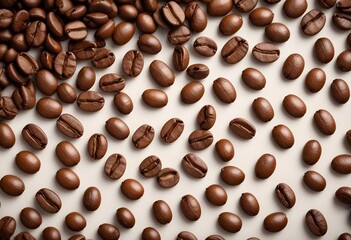 Obraz premium Close-up of scattered coffee beans column falling onto a perfectly arranged bed of roasted coffee beans, revealing textures and shapes