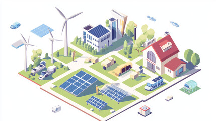 Alternative energy sources like windmills, solar panels, and electric vehicles are shown in this image. These green energy sources are depicted in an isometric style on a white background.