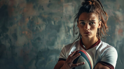 Female rugby player holding a ball.