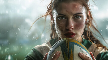 Female rugby player holding the ball in her arms.