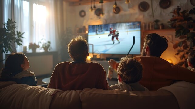 Group of fans are watching a hockey moment on the TV and celebrating a goal,