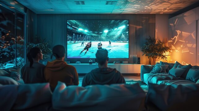 Group of fans are watching a hockey moment on the TV and celebrating a goal,