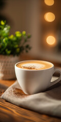 Fototapeta premium Unwind and recharge with a cup of latte, its warmth radiating through your hands, all complemented by the enticing aroma of roasted coffee beans, a perfect companion for your business meeting 