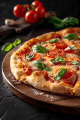 Appetizing cheese pizza featuring juicy tomatoes and fragrant herbs, laid out on a wooden table in a homely kitchen. A true taste of Italian food from a restaurant.
