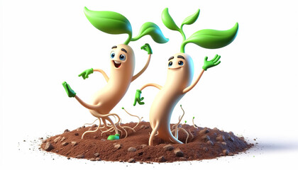 3D funny seed cartoon in growth phase. Biology concept
