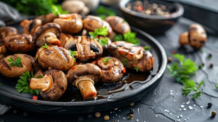 Grilled mushrooms on a plate with parsley garnish on a wooden table. Concept of vegetarian cuisine,...