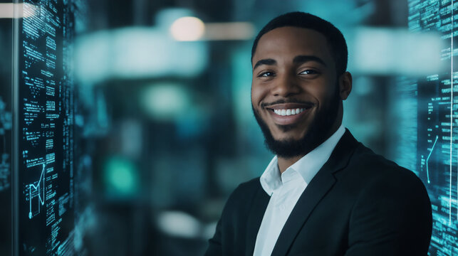 African American, male, cybersecurity analyst, highlighted by a glowing digital encryption overlay, smiling, contemporary office with tech elements background,
