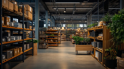 Obraz premium A warehouse in Kaunas, Lithuania, in October 2020. A modern retail store with a well-organized storage space.