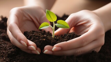 Close-up of woman's hands growing a small green plant in the soil