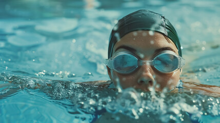 Naklejka premium Female swimmer wearing a hat and goggles, training in a swimming pool.