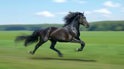Powerful black horse galloping in a lush green field. Concept of speed, freedom, nature, horse riding, Gallop, Fast Speed, Beauty in Motion, Freeze Frame