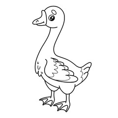 Outline cartoon goose. Black and white contour farm bird. Vector illustration isolated on white background. Perfect for kids coloring book.