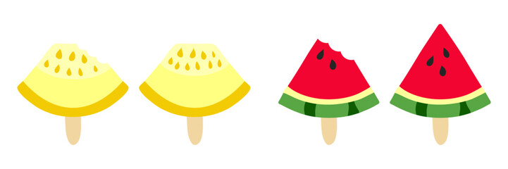Set Watermelon and Melon Ice Cream on a wooden stick. Bite off triangular piece of summer fruit with seeds in doodle style. Sweet lollipop. Cut slice of food. Vector illustration