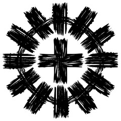 A detailed black and white artistic drawing of a cross enclosed within a circle