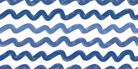 Abstract bold brush strokes. Grunge sea waves vector seamless pattern. Hand drawn blue wavy lines for package, wallpaper, textile, fabric, background