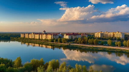 A row of residential buildings reflected in a calm river under a blue sky with soft, golden sunlight at dusk.