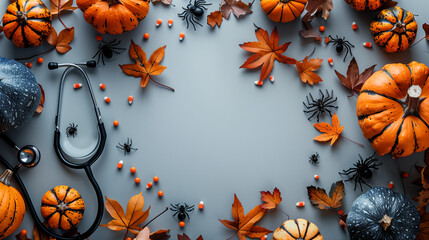 Halloween medicine veterinarian horizontal banner copy space, blue background, stethoscope next to decorations with pills, pumpkins, autumn leaves, spiders