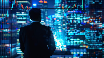 Finance trade manager analyzing stock market indicators, financial data, and charts in a digital 