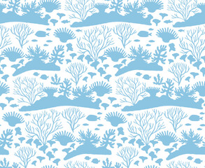 Underwater world landscape cute seamless pattern. Silhouette illustration. Sea or ocean bottom wildlife for decoration, fabric, postcard. Marine life wallpaper with corals, fish and seaweed.