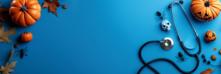 Halloween medicine veterinarian horizontal banner copy space, blue background, stethoscope next to decorations with pills, pumpkins, autumn leaves, spiders