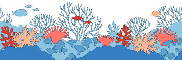 Underwater world landscape cute seamless border. Retro illustration. Sea ocean bottom wildlife on white background. Marine life scene horizontal banner with corals fish and seaweed. Editable stroke. © Anastasiia Neibauer