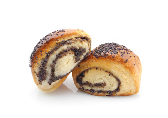 Two poppy seed buns isolated on white background