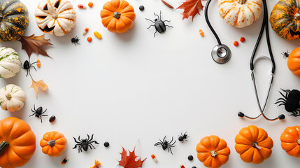 Obraz premium Halloween medicine veterinarian horizontal banner copy space, white background, stethoscope next to decorations with pills, pumpkins, autumn leaves, spiders