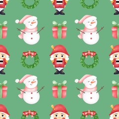 Watercolor  festive  seamless pattern for Christmas and New Year.Holiday  illustration.Holiday packaging.Nutcracker and snowman holiday decor.Print for gifts.