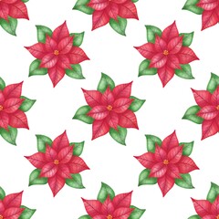 Obraz premium Christmas decoration. Watercolor festive seamless pattern for Christmas and New Year.Holiday illustration.Holiday packaging.Poinsettia flower.Print for gifts.
