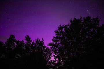 Fototapeta premium night starry sky outside the city with purple reflections of the northern lights
