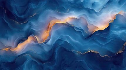 Elegant Abstract Wavy Deep Blue Watercolor Painting Texture Background Design with Waves and Gold Accents – Luxurious Ethereal Dark Ocean Sea Decorative Backdrop for Modern Artistic Creative projects