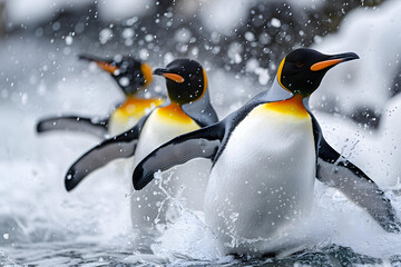 Three penguins splashing in icy water with snow