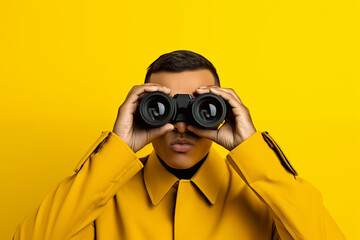 businessman looking through binoculars on yellow background
