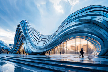 Modern undulating aluminum metal wave building exterior design, exhibit hall, architecture