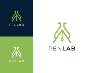 Pen lab logo. Pen with science element logo design illustration.