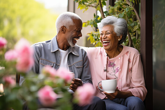 Older couple laughing together in an outdoor garden drinking coffee