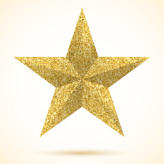 Fototapeta premium Golden star with glitters. Realistic 3D vector christmas tree topper. Shiny christmas symbol for postcards or clothes clothes. Shiny golden star with a yellow shadow.